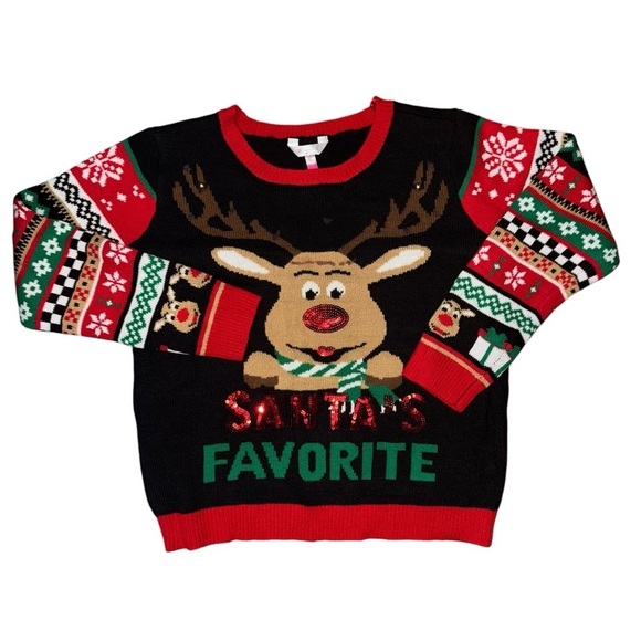 Ugly Christmas Sweater Girls XXL-19 Reindeer Santa’s Favorite Red sequi… - Picture 2 of 4
